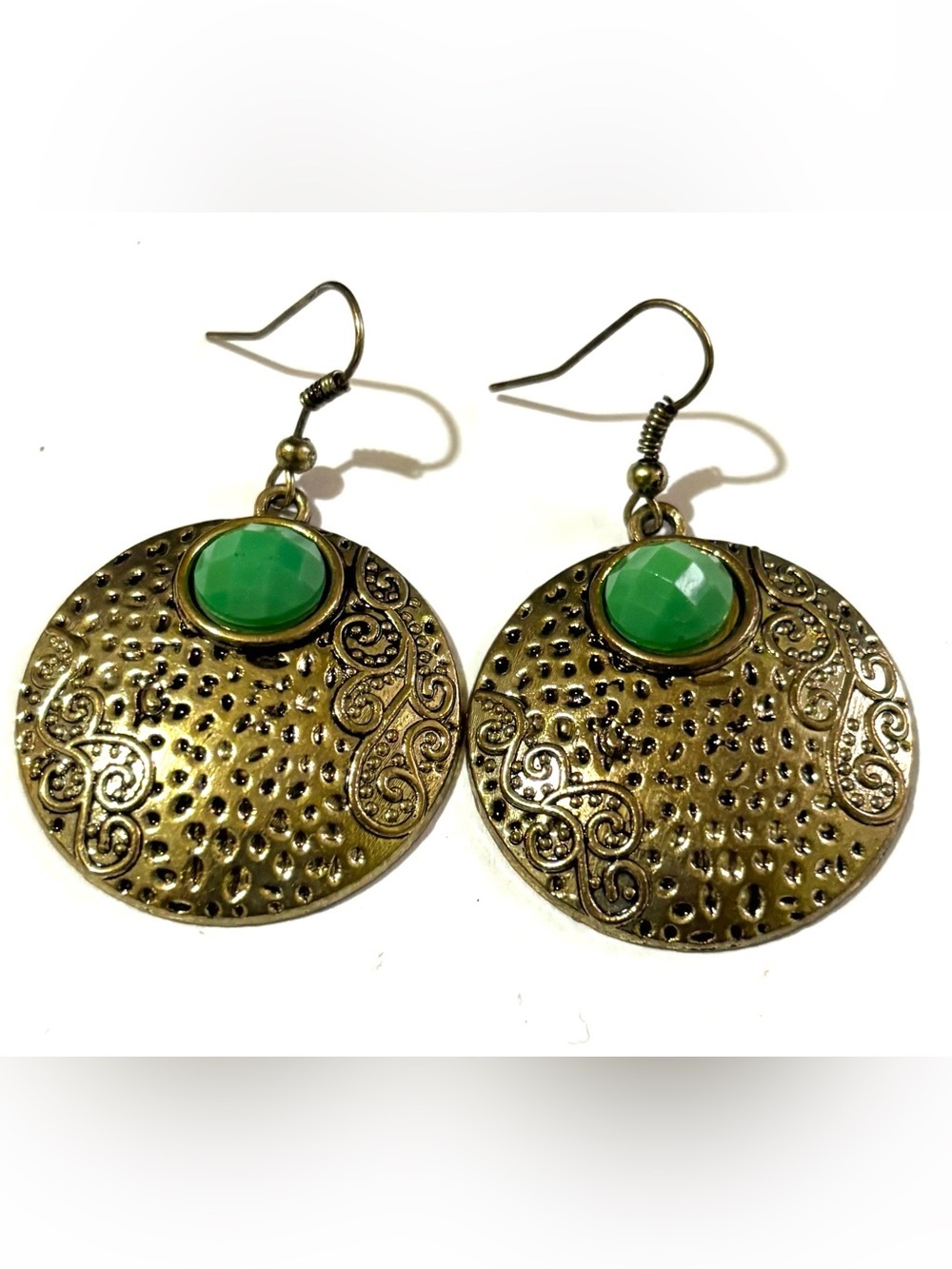 Antique Gold-Tone Round Drop Earrings with Green Stone